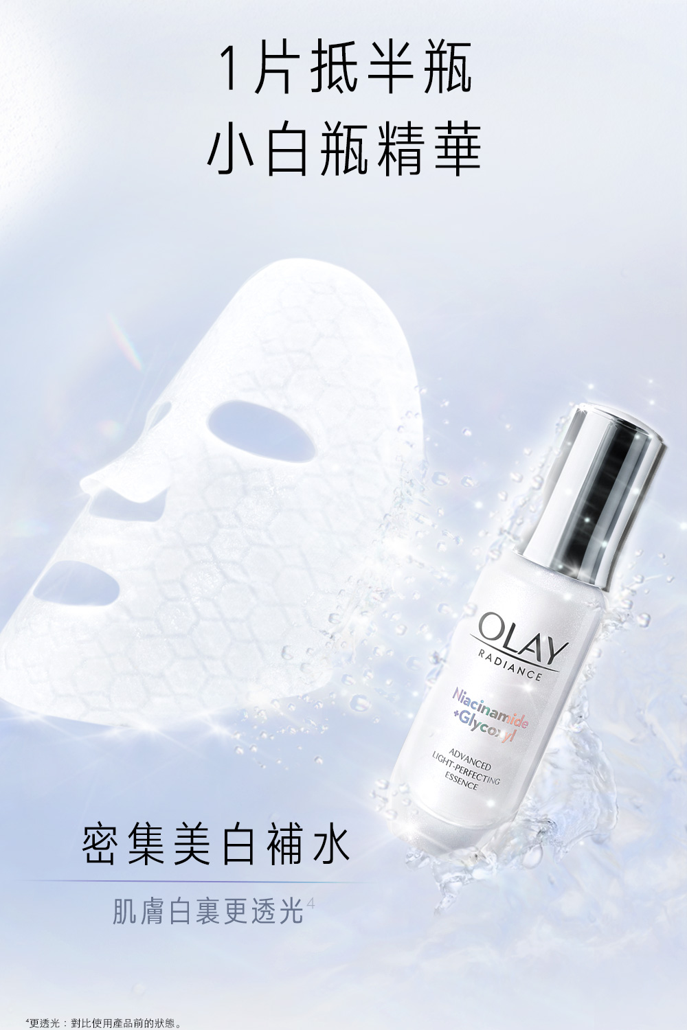 1片抵半瓶 小白瓶精华 密集美白补水 肌肤白里更透光 更透光对比使用产品前的状态。 