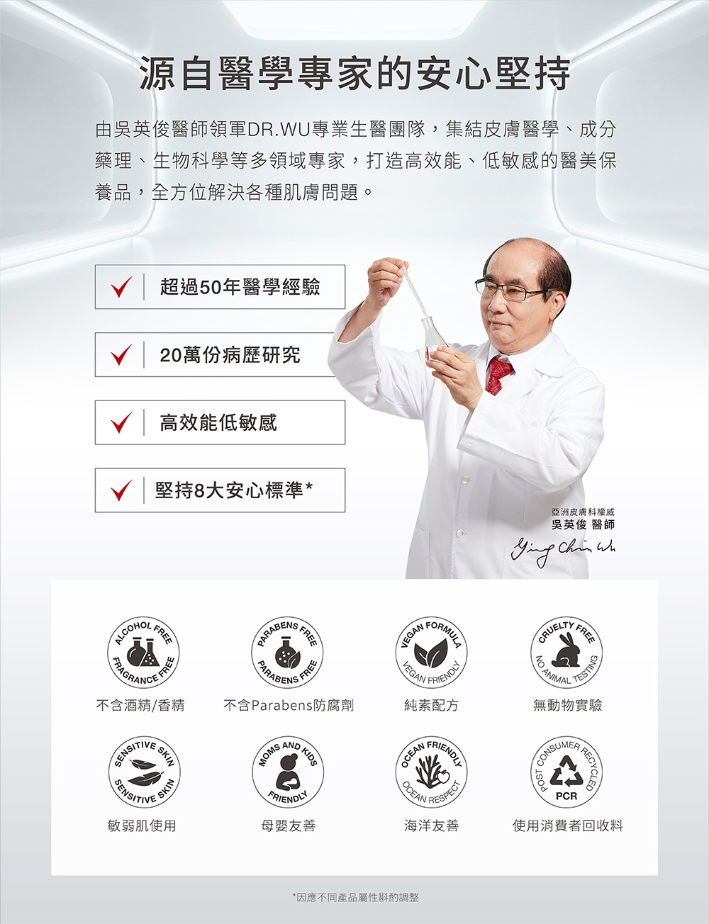 由吴英俊医师领军DR.WU专业生医团队,集结皮肤医学、成分