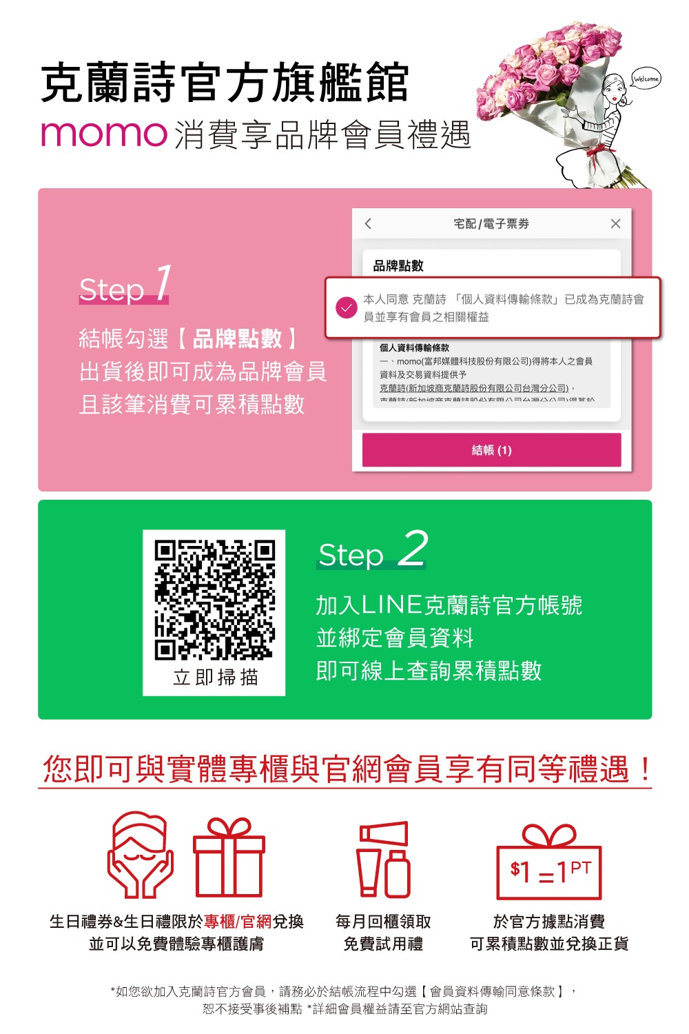 如您欲加入克兰诗官方会员,请务必于结帐流程中勾选会员资料传输同意条款,