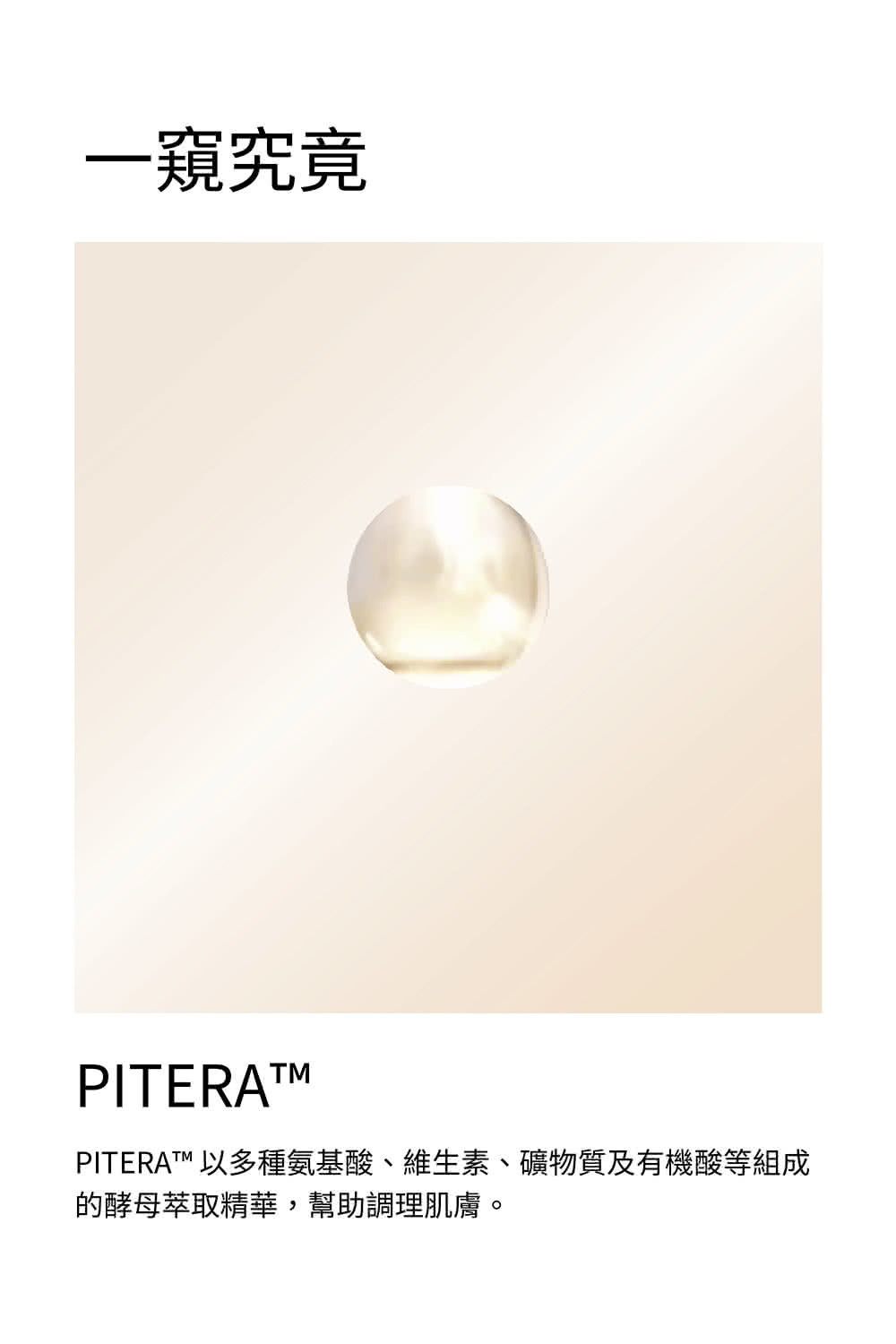 一窥究竟 PITERAT 以多种氨基酸、维生素、矿物质及有机酸等组成 的酵母萃取精华,帮助调理肌肤。 