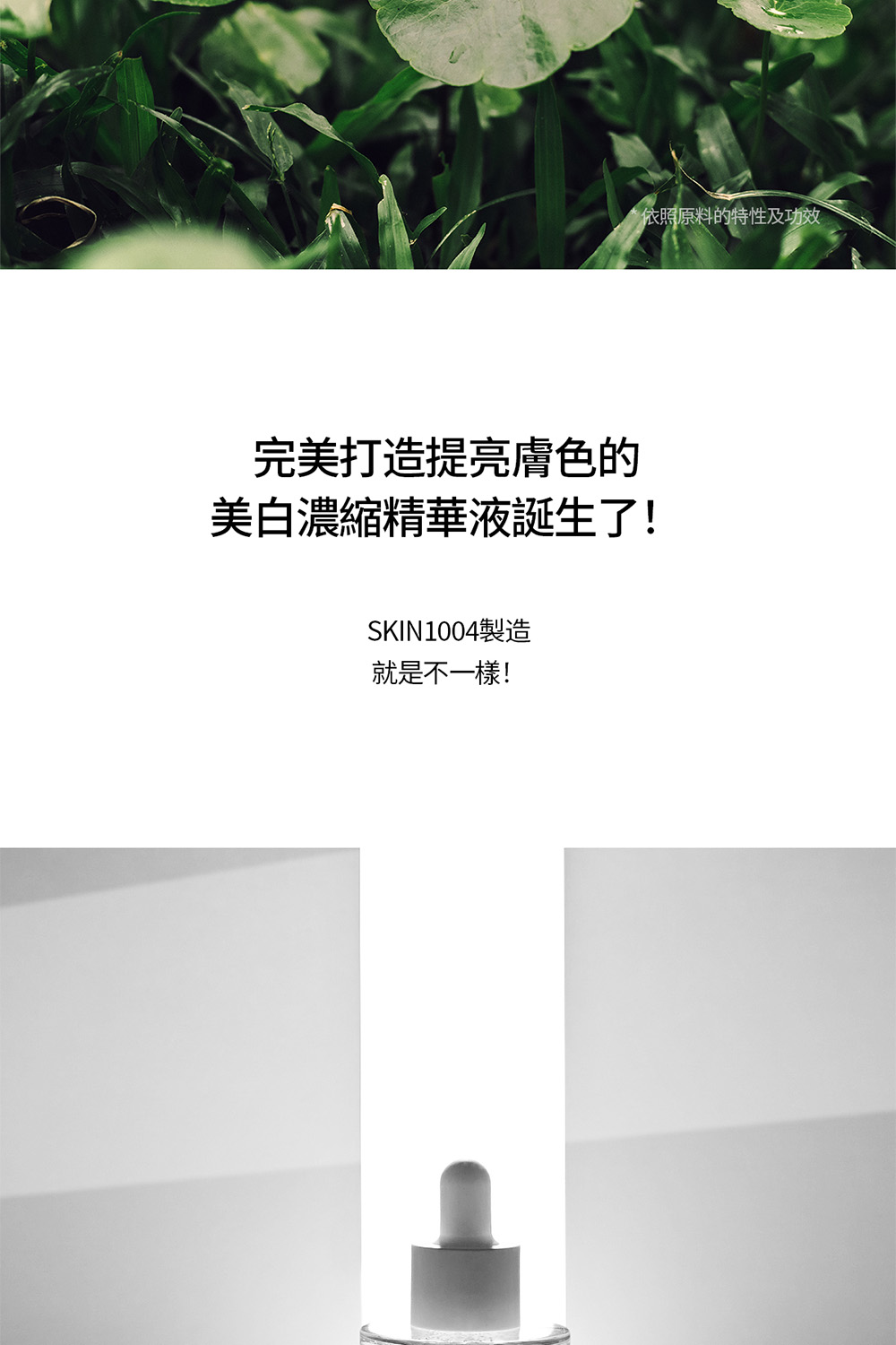 依照原料的特性及功效 完美打造提亮肤色的 美白浓缩精华液诞生了 SKIN1004制造 就是不一样 