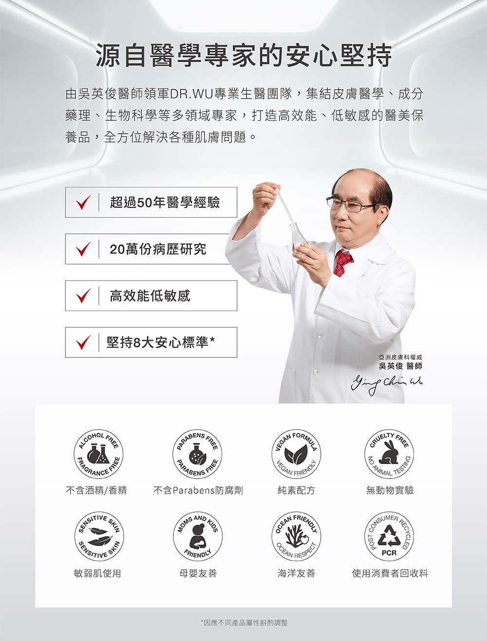 由吴英俊医师领军DR.WU专业生医团队,集结皮肤医学、成分