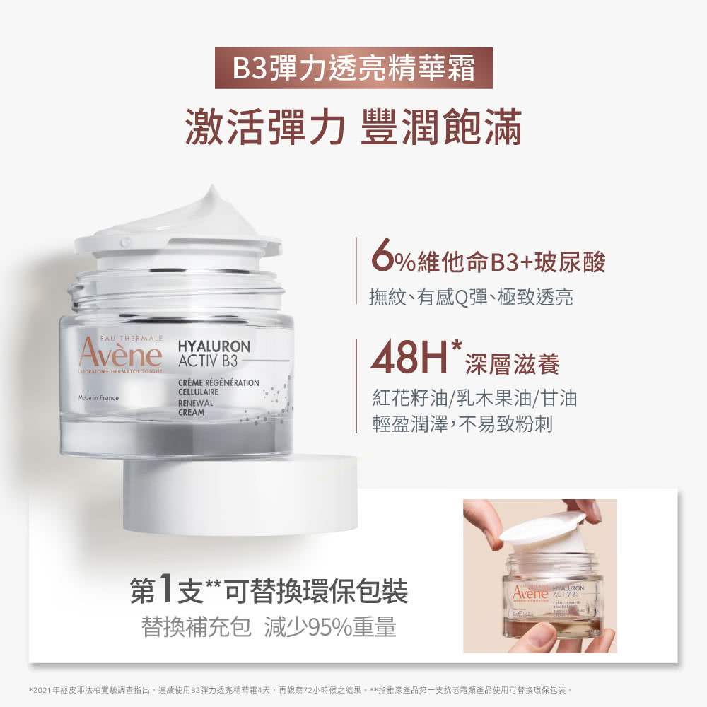 2021年经皮耶法柏实验调查指出,连续使用B3弹力透亮精华霜4天,再观察72小时候之结果。指雅漾产品第一支抗老霜类产品使用可替换环保包装。