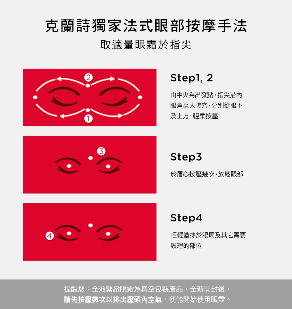 请先按压数次以排出压头内空气,便能开始使用眼霜。