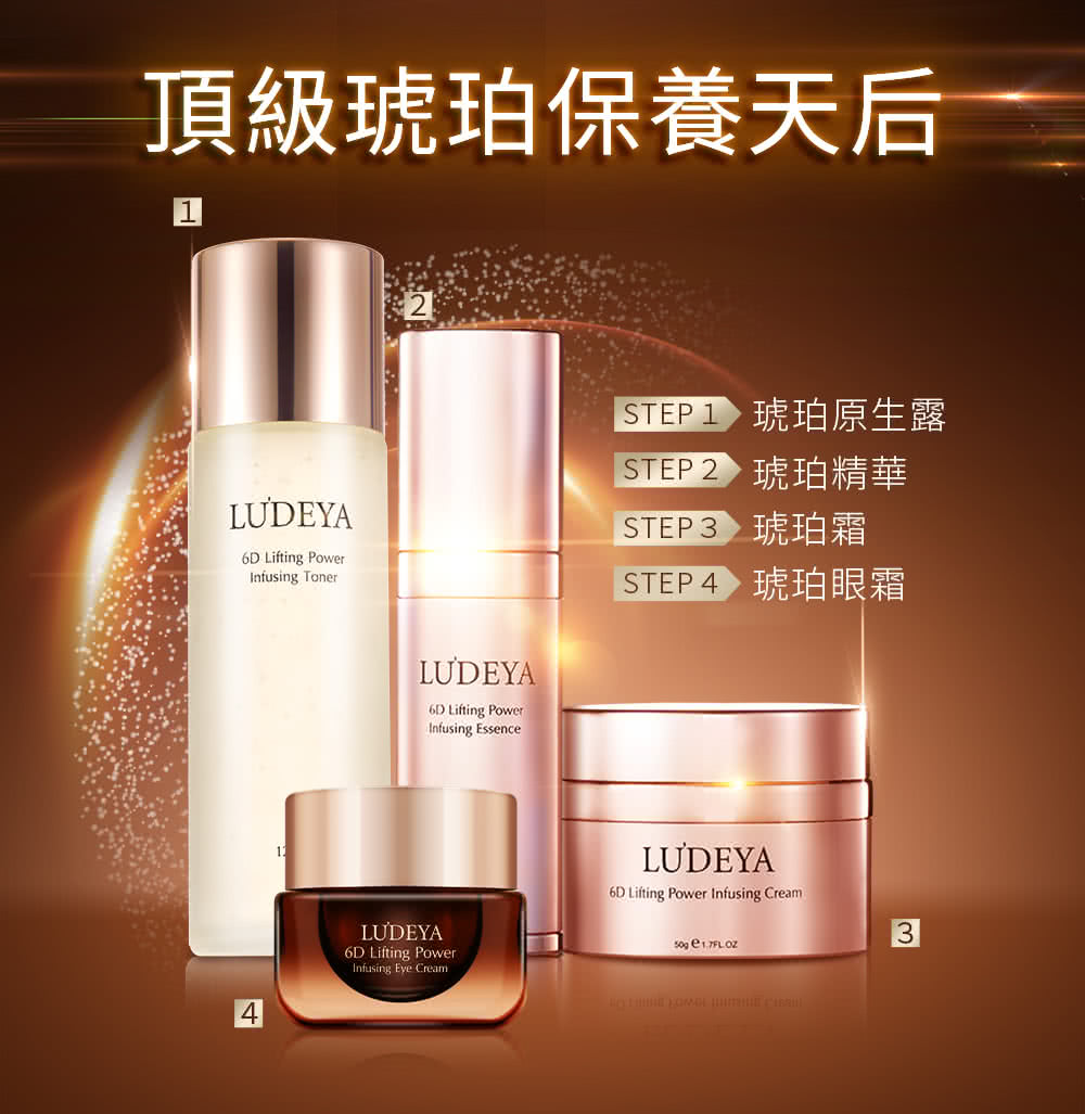 顶级琥珀保养天后 STEP1 琥珀原生露 STEP2 琥珀精华 STEP3 琥珀霜 STEP4 琥珀眼霜 