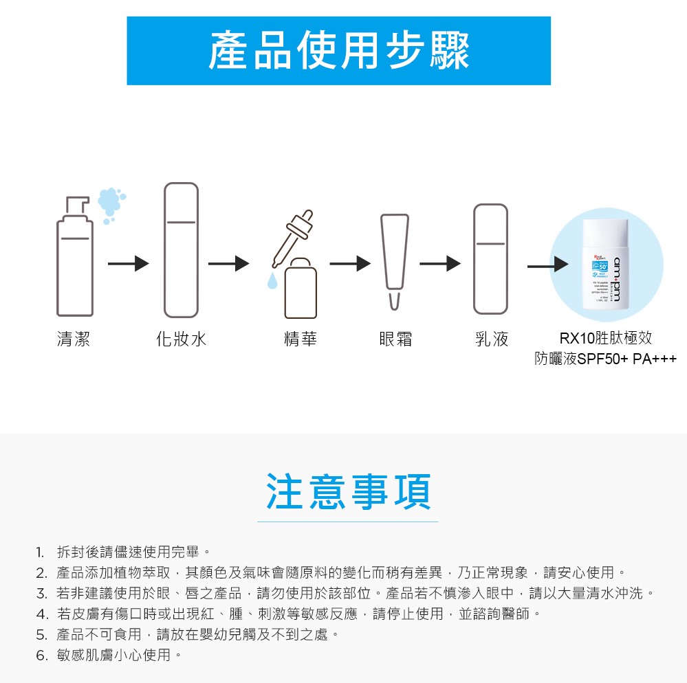 3.若非建议使用于眼、唇之产品,请勿使用于该部位。产品若不慎渗入眼中,请以大量清水冲洗。