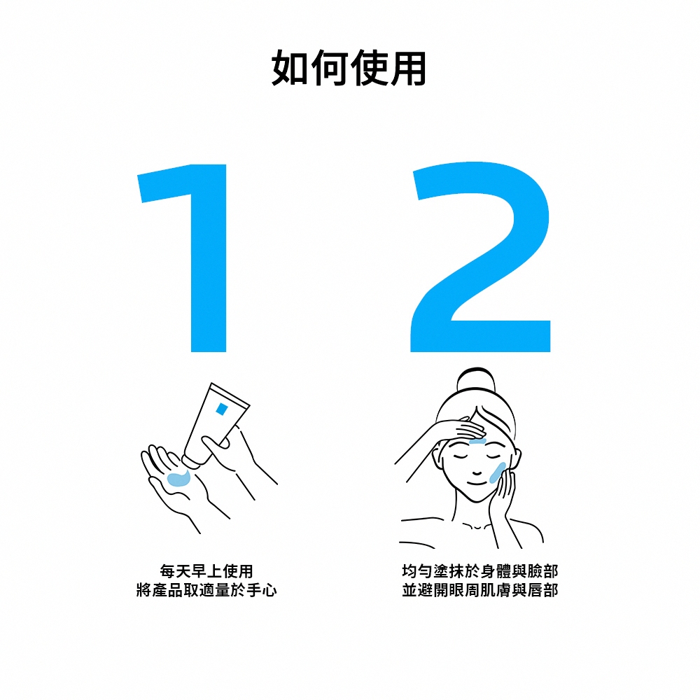 如何使用 每天早上使用 将产品取适量于手心 均匀涂抹于身体与脸部 并避开眼周肌肤与唇部 