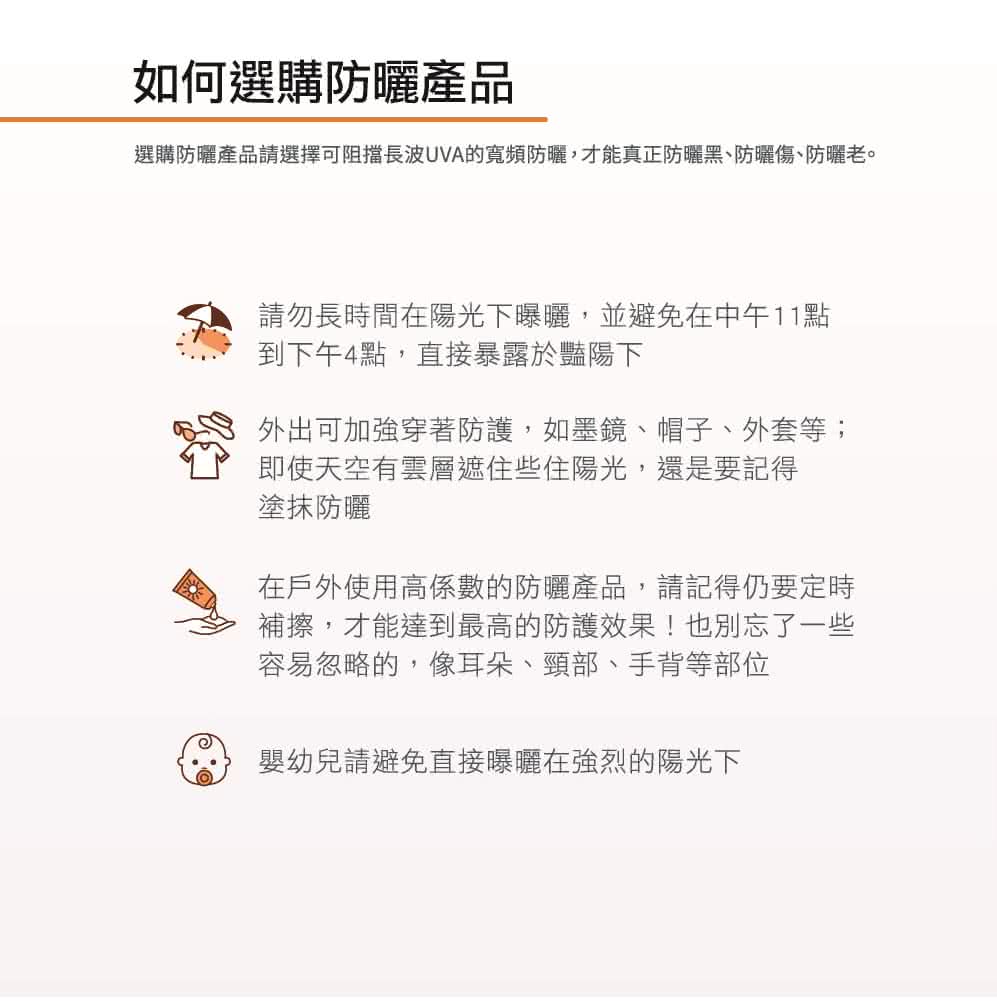 选购防晒产品请选择可阻挡长波UVA的宽频防晒,才能真正防晒黑、防晒伤、防晒老。