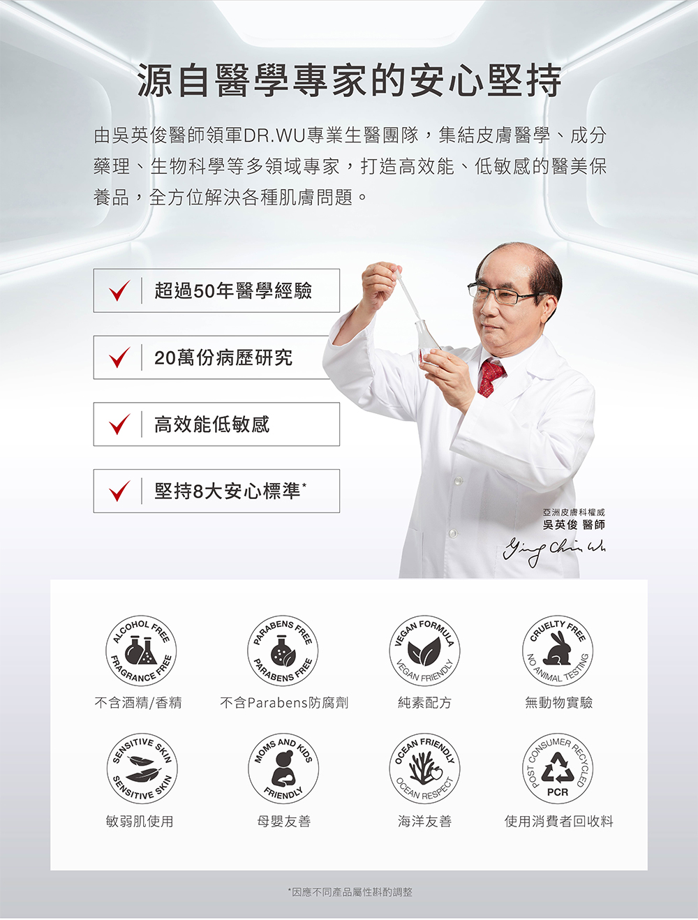 由吴英俊医师领军DR.WU专业生医团队,集结皮肤医学、成分