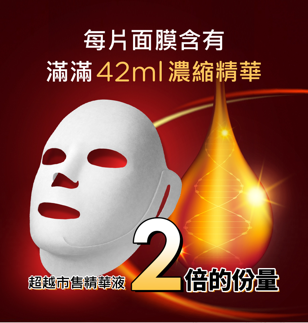 每片面膜含有 满满42ml浓缩精华 超越市售精华液一倍的份量 